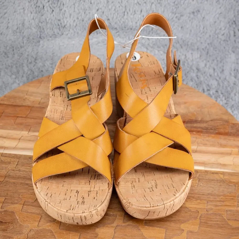 Korks Nova Comfort Platform Cork Wedge Strappy‎ Sandals Yellow Size 9